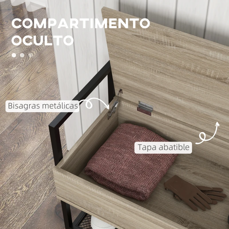 HOMCOM Banco Recibidor con Tapa Abatible Mueble Zapatero con Compartimento Oculto y Estante de Rejilla 84x39,5x61 cm Roble