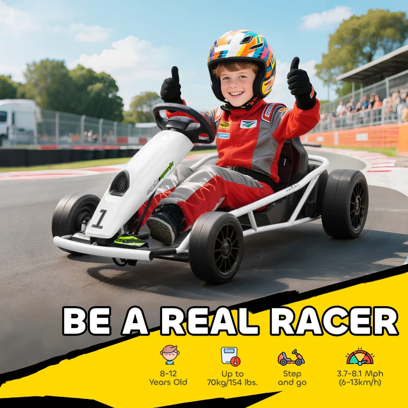 HOMCOM 24 V Go-Kart electric pentru copii până la 13 km/h Gokart cu funcție drift, Drift-Kart cu 2 motoare pentru 8–12 ani Alb