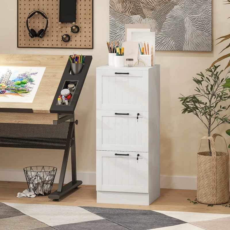 HOMCOM Caisson bureau, meuble rangement bois 3 tiroirs et serrure, barres de suspension réglables, 40 x 40 x 101 cm, blanc
