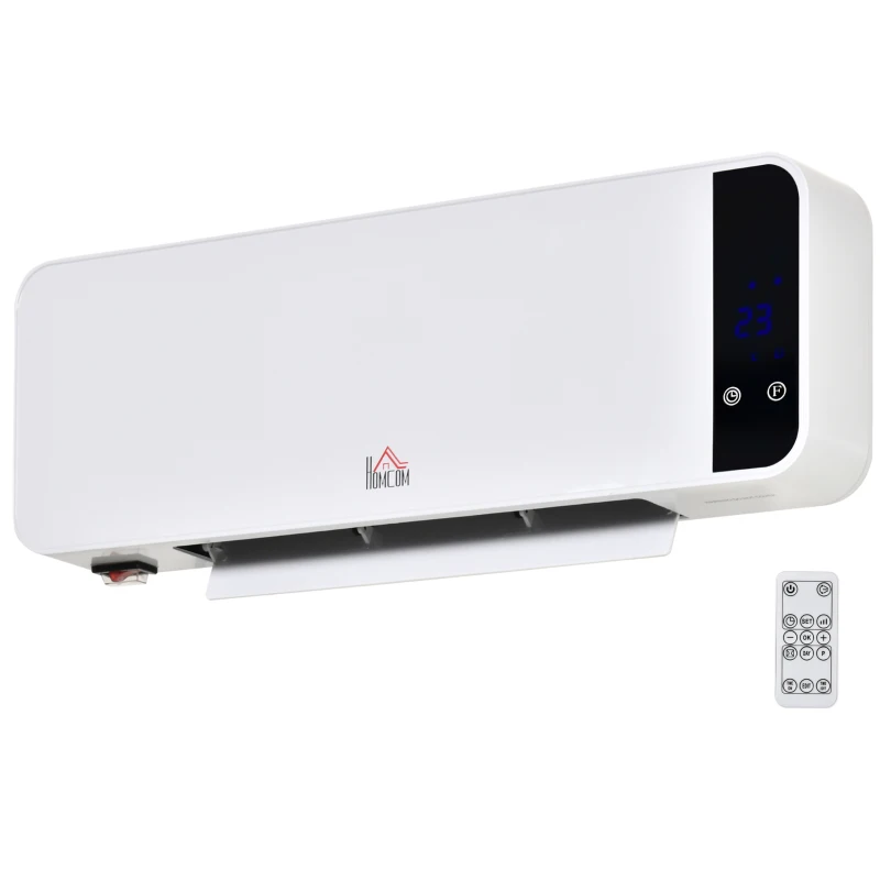 HOMCOM Stufa Elettrica da Parete con Telecomando, Temperatura Regolabile e Timer 12 Ore, Potenza 1000W/2000W, 56x11.5x18.5cm, Bianco