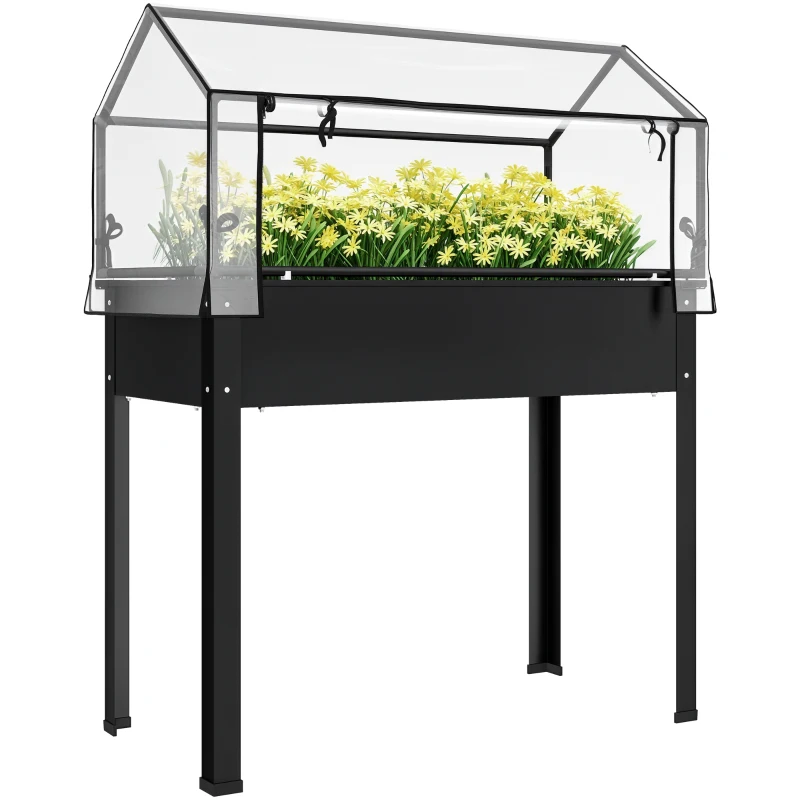 Outsunny Hochbeet mit Gewächshaus-Dach, Erhöhte Pflanzenbox mit Ablauflöchern, 100 x 48 x 124 cm, Schwarz