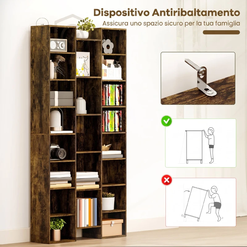 HOMCOM Libreria Moderna in Legno Alta 181 cm con 21 Scomparti e 10 Ripiani Regolabili, Marrone Rustico