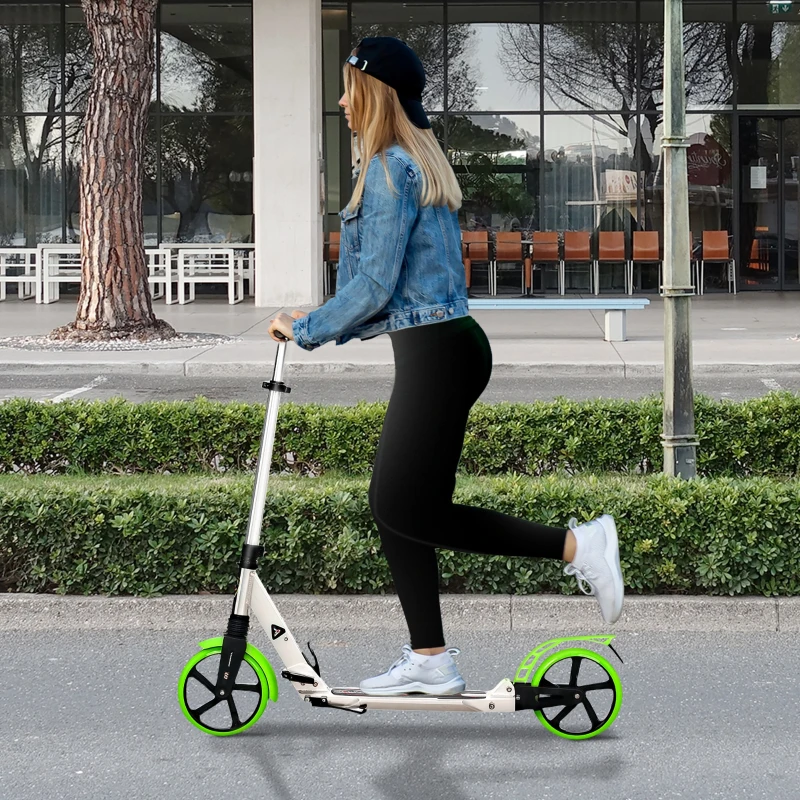 HOMCOM Folding Kick Scooter, Adjustable Ride On Scooter with 200mm Big Wheels and Double Shock Absorption, Urban Scooter for 14+ Teens Adult, Green