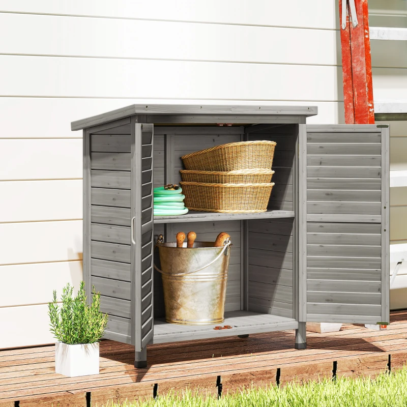 Outsunny Garden Shed Wooden Garden Storage Shed 2 Door Unit Solid Fir Wood Garage Tool Organisation Cabinet, 87L x 46.5W x 96.5Hcm, Grey