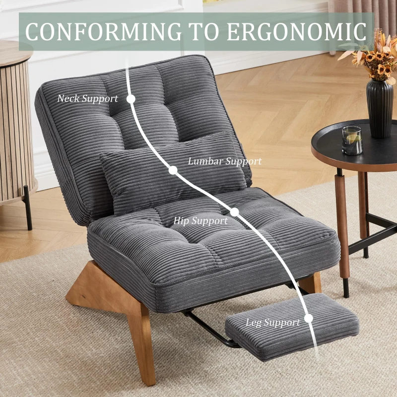Cozy Reclining Accent Chair with Foldable Ottoman and Lumbar Pillow, Soft Adjustable Lounger for Living Room, 127L x 73W x 90H cm, Dark Gray