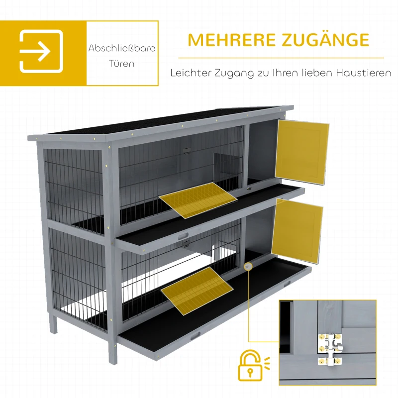 PawHut Hasenstall Kaninchenstall aus Holz mit 2 Etagen Asphaltdach Bodenwanne Türen für Kleintiere 136,4 x 50 x 93 cm Grau