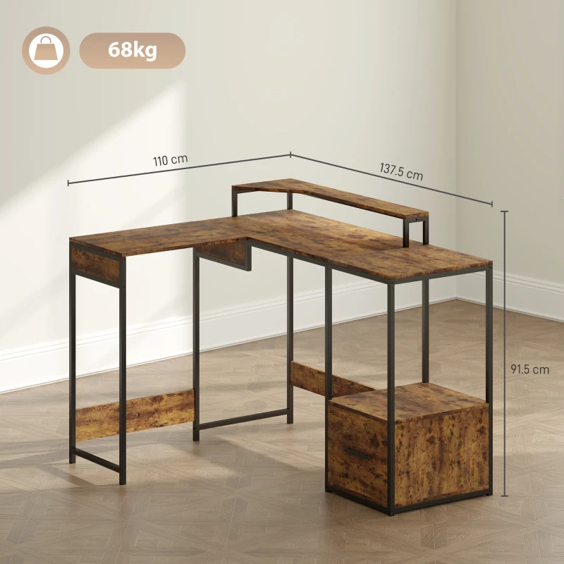 HOMCOM Industrial 'L' Shaped Multi-Work Desk - Brown