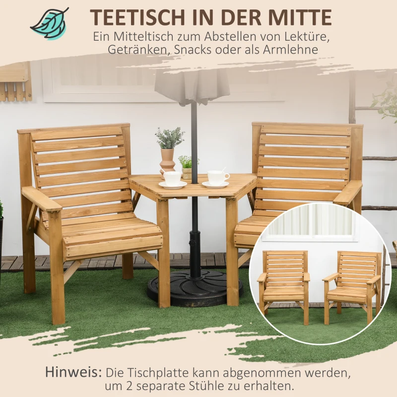 Outsunny Bistro-Set 3-teilig aus Holz Wetterfest Gartenmöbel Set mit Lamellendesign Sonnenschirmloch Braun