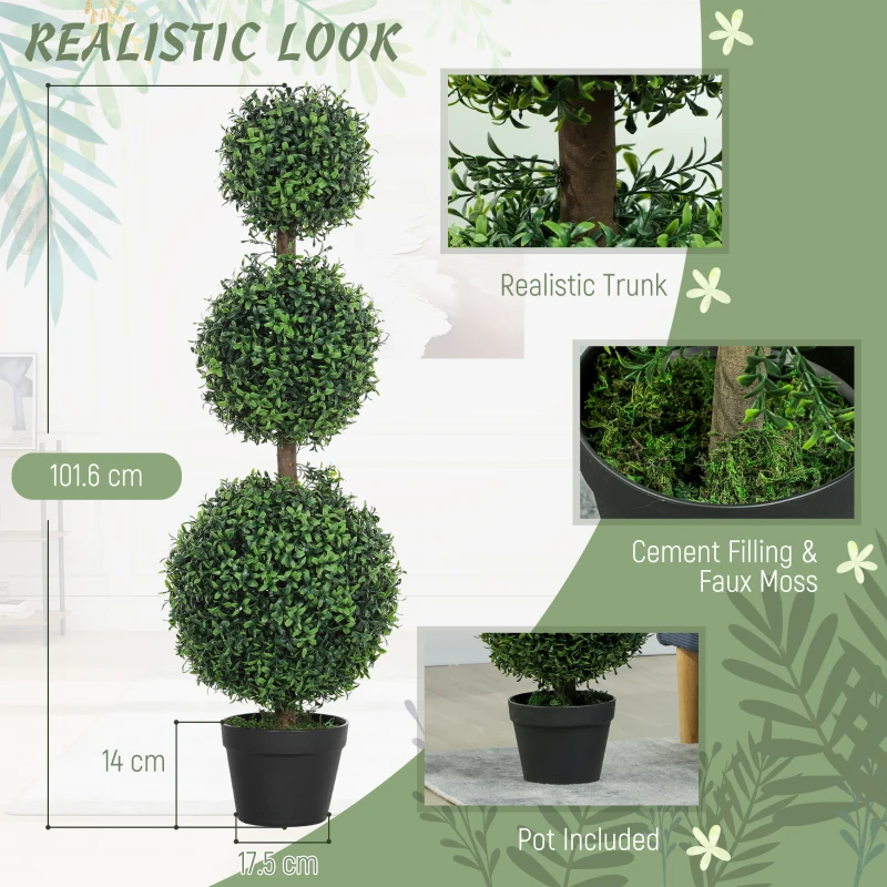 HOMCOM Set of 2 Decorative Artificial Trees, Topiary Ball-shaped Boxwood Trees in Pot, Fake Plants for Home Indoor outdoor Decor, 100cm, 3 Tree Balls