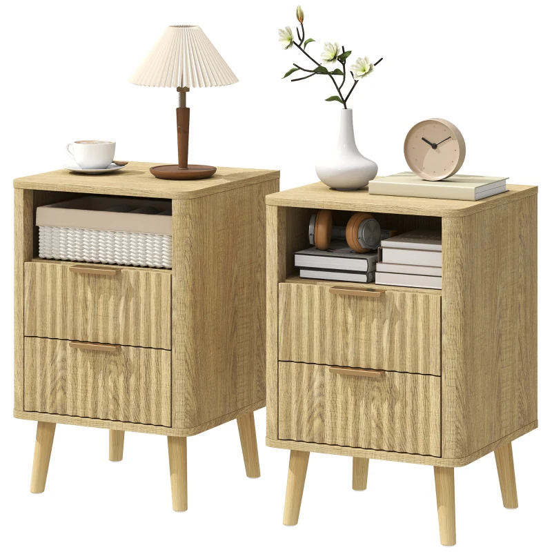 HOMCOM Lot de 2 tables de chevet, tables de nuit avec 2 tiroirs et compartiment ouvert, coins arrondis, 40 x 40 x 61 cm, chêne