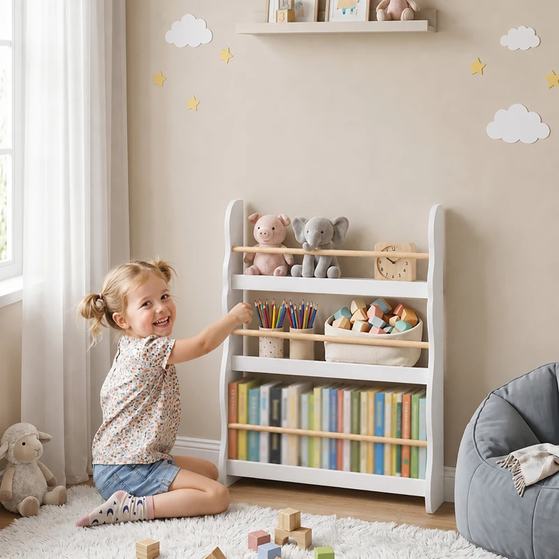 AIYAPLAY Libreria Montessoriana per Bambini 3-8 Anni a 3 Ripiani, 60x15x73 cm, per Cameretta, Bianco