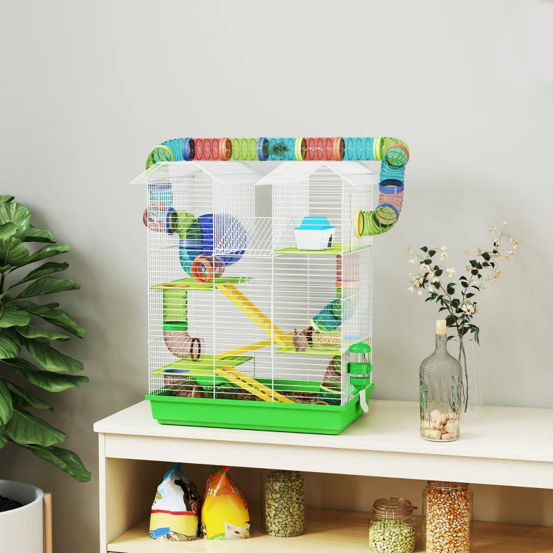 PawHut Hamster Cage, 5 Tier Carrier Habitat with Exercise Wheels Tunnel Tube Water Bottle Dishes House Ladder, Gerbil Cage for Dwarf Mice, Green