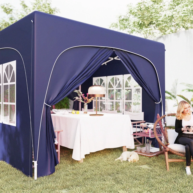 Outsunny Tenda Dobrável 3x3 m com Painéis Laterais UPF50+ Tenda de Jardim com Altura Ajustável e Bolsa de Transporte Azul Escuro