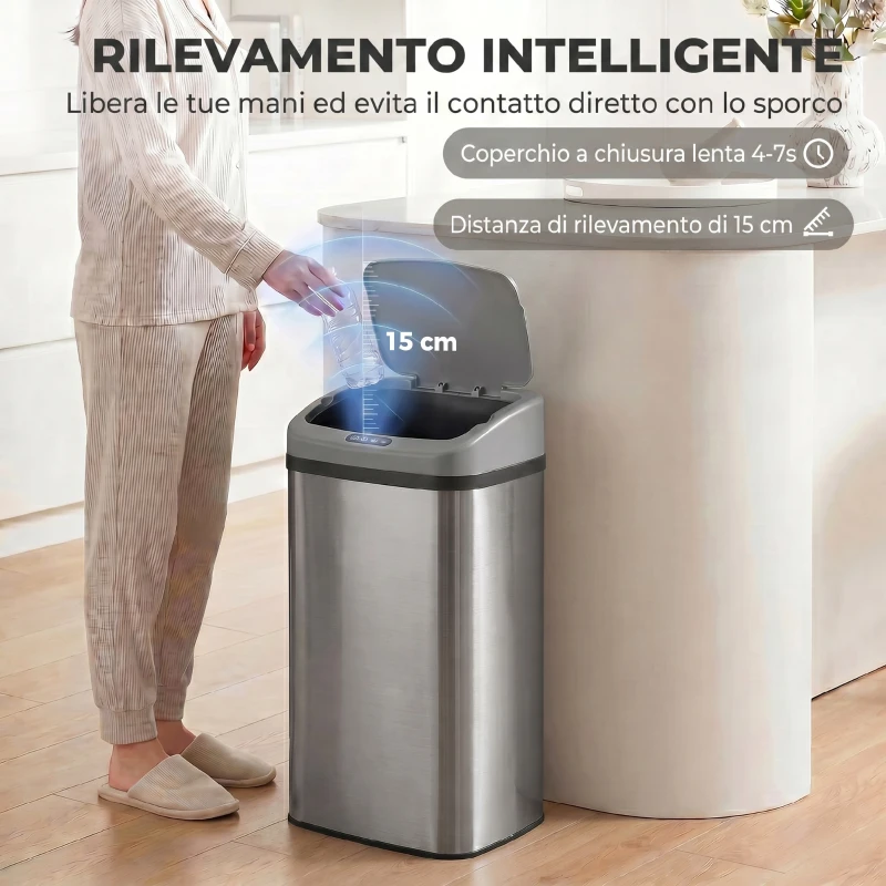 HOMCOM Pattumiera con Sensore da 48L a Chiusura Morbida, Superficie Anti-impronte, in Acciaio Inox, Argento