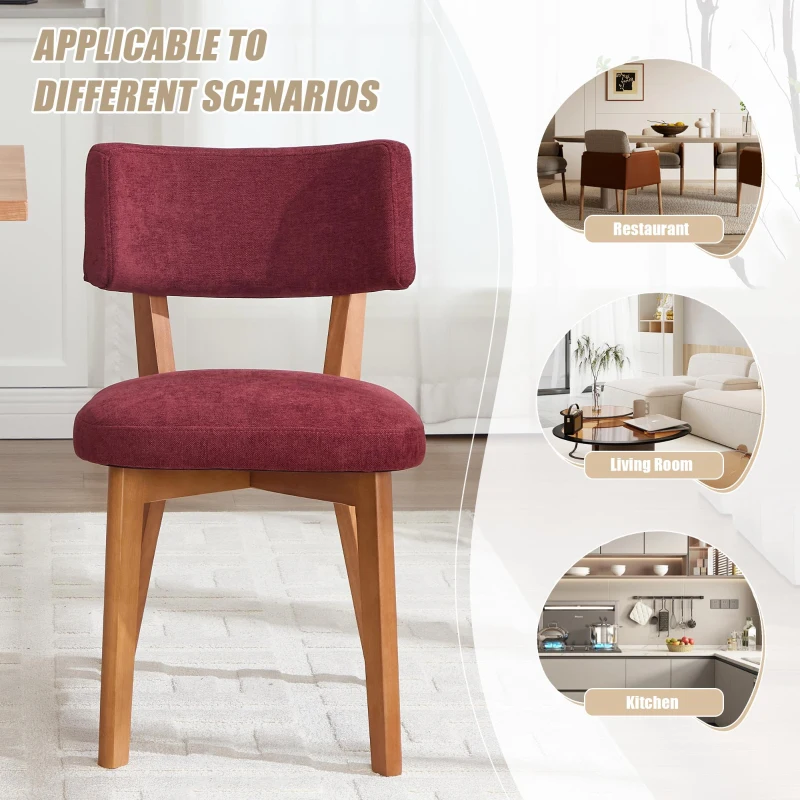 Stylish Mid-Century Dining Chairs with Ergonomic Backrest, Comfortable Upholstered Side Chairs for Dining Room, 47L x 54.5W x 77H cm, Wine Red