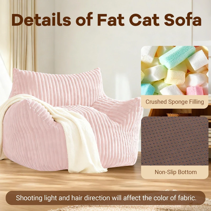 Soft Bean Bag Sofa with High-Quality Sponge and Large Armrests, Cozy Plush Lounger for Bedrooms, 103L x 90W x 70H cm, Pink