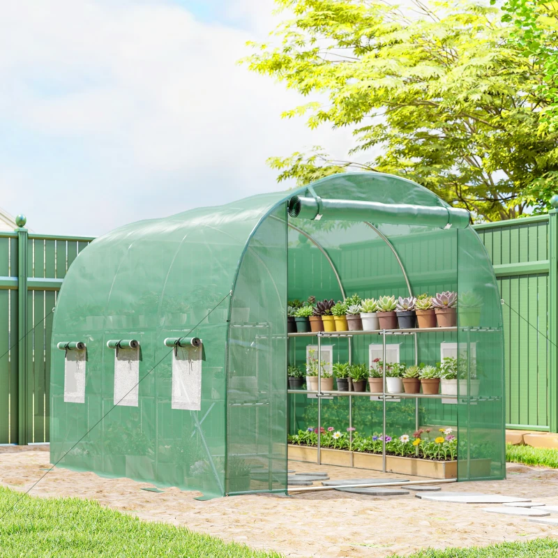 Outsunny Walk-in Greenhouse with Shelves, Polytunnel Greenhouse with Roll-Up Door, 6 Mesh Windows,198 x 275 x 191 cm, Green