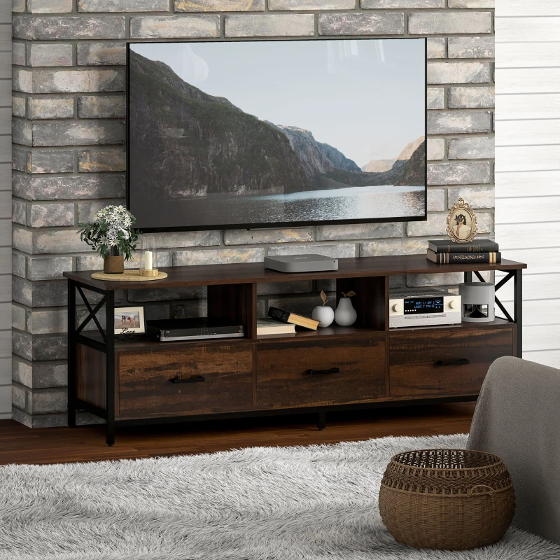 HOMCOM Mobile TV Industriale con 3 Cassetti e 3 Ripiani Aperti, in Legno e Acciaio, 147x40x50 cm, Nero e Marrone