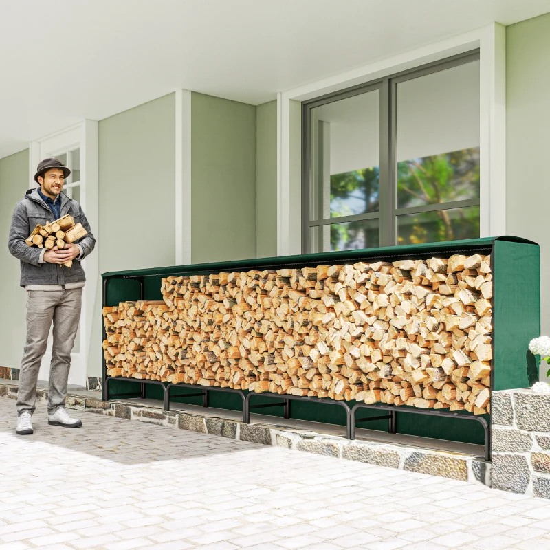 Outsunny Portalegna da 1m³ Regolabile con Telo Impermeabile in PE, in Metallo, 360x36x99cm, Nero e Verde Scuro