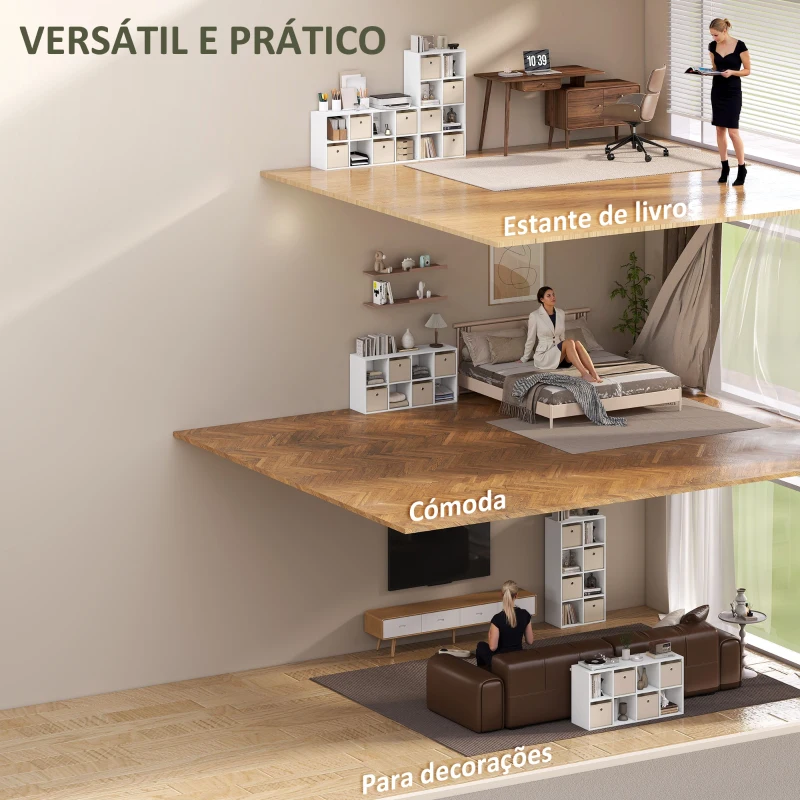 HOMCOM Estante Cubo Estante de Armazenamento Horizontal ou Vertical com 8 Compartimentos e 4 Gavetas de Tecido 53,7x30x79,8 cm Branco e Bege