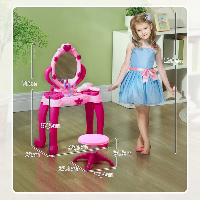 AIYAPLAY Coiffeuse pour enfants de 3 à 6 ans avec tabouret miroir 15 PCS, table de maquillage avec lumière musique sèche-cheveux