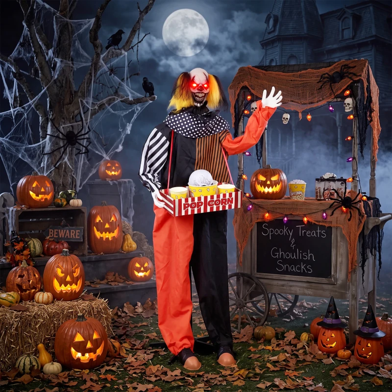 HOMCOM Animierter Halloween-Popcorn-Clown mit hochschnellendem Kopf, Grusel-Sound, Jahrmarktmusik und leuchtenden Augen