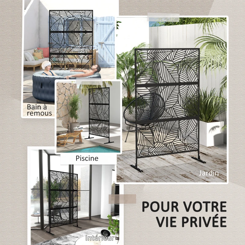 Outsunny Panneau brise vue décoratif paravent extérieur noir à motif végétal en métal - 122 x 45 x 198 cm, noir
