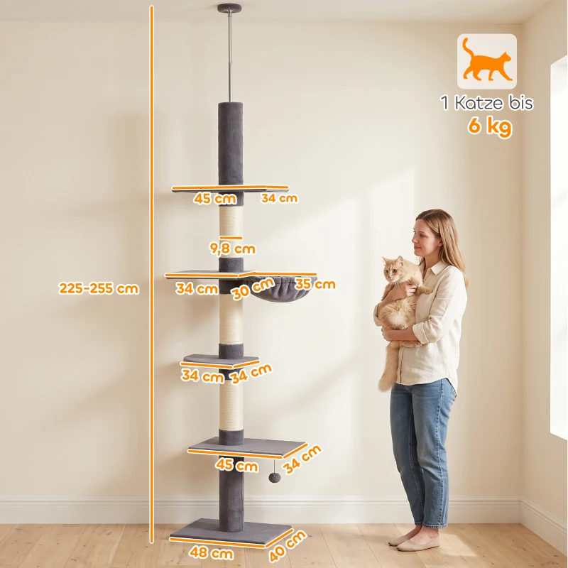 PawHut Drapak sufitowy 225–255 cm regulowany Drapak dla kota z 5 poziomami 3 słupkami z sizalu, hamak, platformy