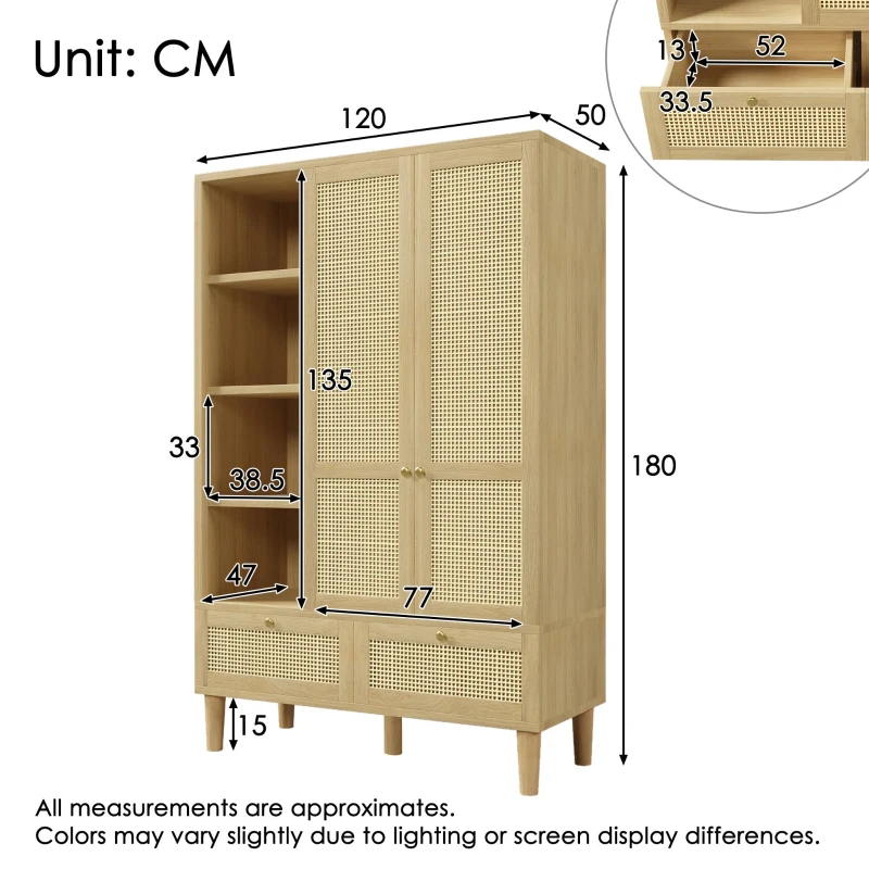 Rustic Oak Rattan Wardrobe with Clothes Rail and 2 Drawers, Wooden Armoire Closet Cabinet for Bedroom, 120L x 50W x 180H cm, Oak