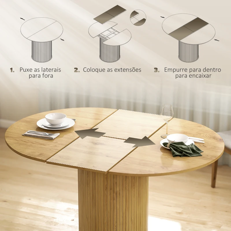 HOMCOM Mesa de Refeição Extensível Redonda para 6-8 Pessoas com Base Estriada para Sala de Estar 110-150x110x75 cm Madeira