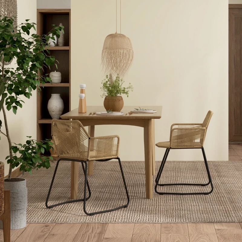 HOMCOM Set 2 Sedie da Pranzo Stile Boho da Interno in Rattan PE con Schienale Basso e Braccioli, Giallo