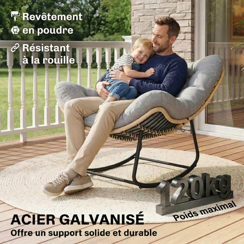 Outsunny Fauteuil à bascule de jardin pour intérieur et extérieur, rocking chair en résine tressée avec coussin moelleux, gris
