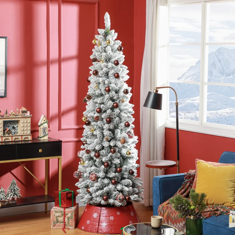 HOMCOM Künstlicher Weihnachtsbaum, flammenhemmend, mit Kunstschnee, schlank, Stahlfuß, 75 x 210 cm, Grün