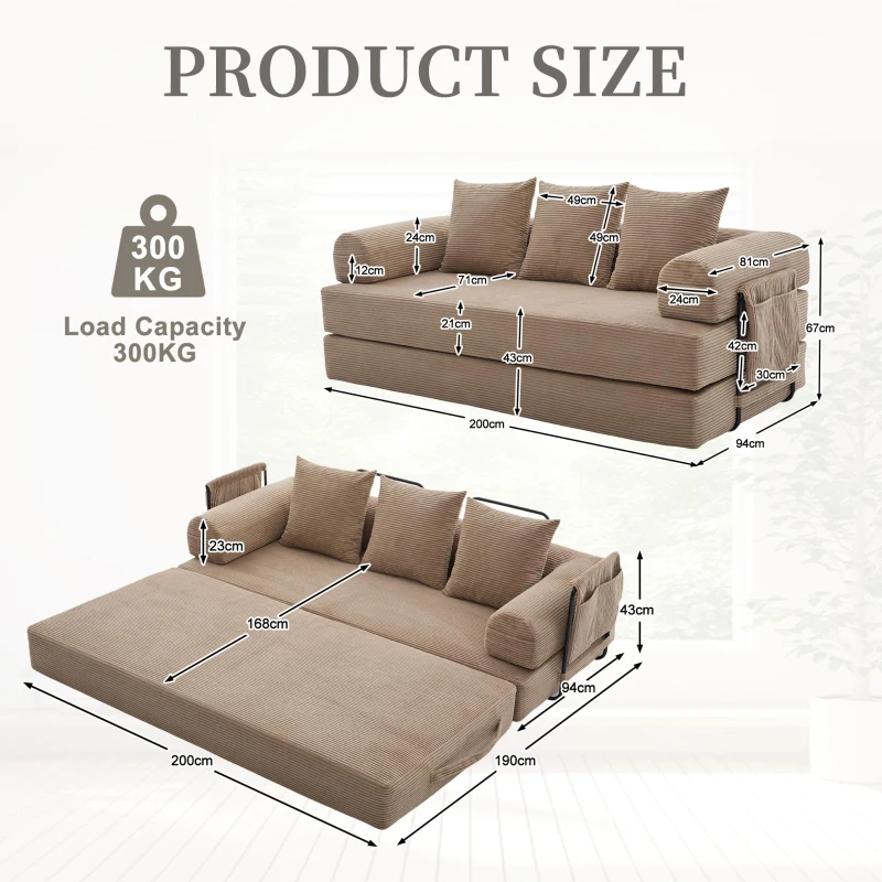 Cozy Compressible Folding Sofa with Detachable Metal Frame, Soft Modular Sectional Couch for Small Apartment, 110L x 33W x 33H cm, Khaki
