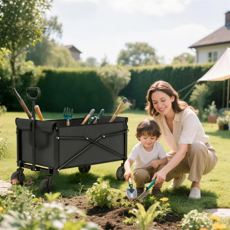 Outsunny Cărucior de Grădină 80L Pliabil cu Mâner Reglabil, din Metal și Țesătură Oxford, 78x47.5x92 cm, Negru
