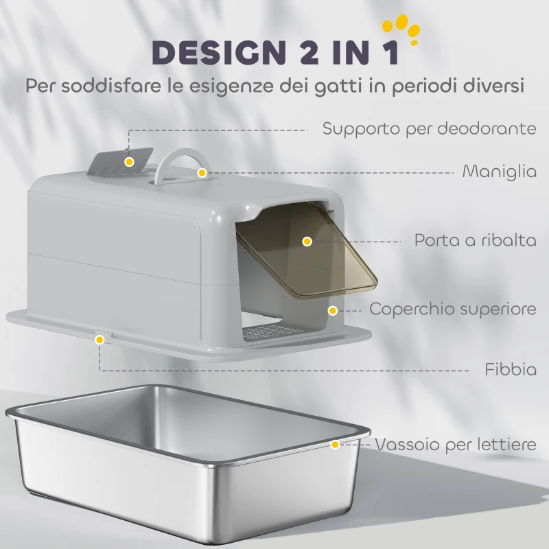 PawHut Lettiera per Gatti Chiusa con Vassoio in Acciaio, Paletta e Filtri, 40.5x60.5x41.5 cm, Grigio e Argento
