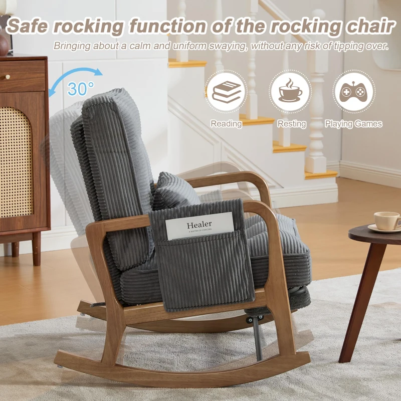 Cozy Rocking Chair with Adjustable Footrest and Side Pocket, Soft Corduroy Glider Armchair for Nursery, 92L x 80W x 70H cm, Gray