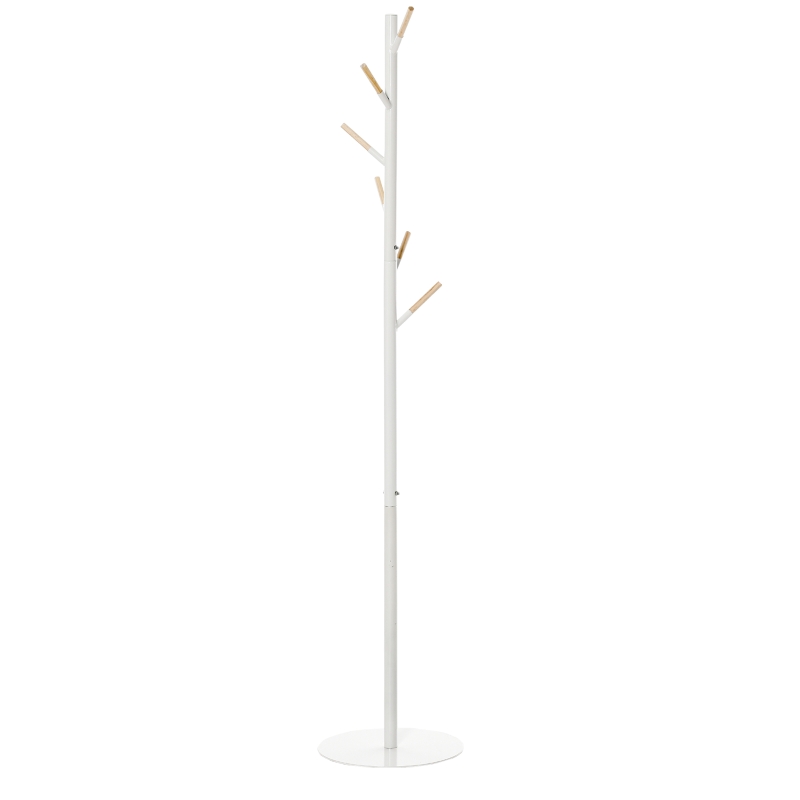 HOMCOM Cabide de Pé de Madeira com 6 Ganchos para Roupa Bolsas e Estrutura de Metal 35x35x174cm Branco e Madeira