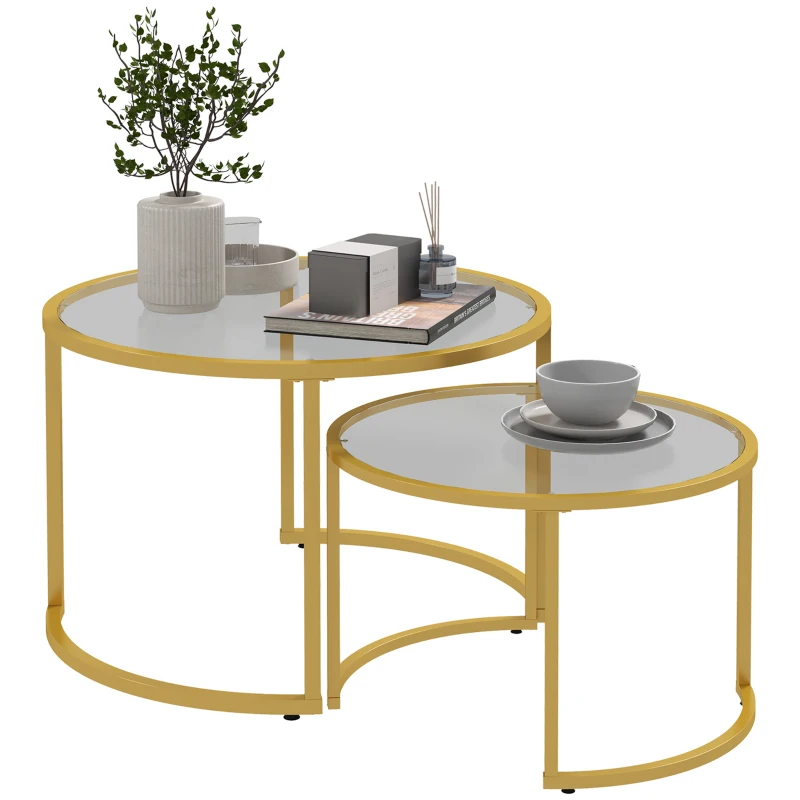 HOMCOM Coffee Table Set of 2, Modern Nest of Tables with Tempered Glass Top, Steel Frame for Living Room, Gold Tone