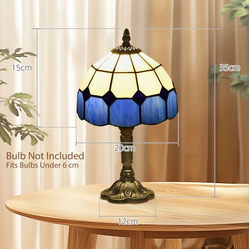 HOMCOM Handmade Stained Glass Table Lamp, Antique Bedside Lamp for Bedroom, Living room, Home, Nightstand, Decorative Night Light, Blue