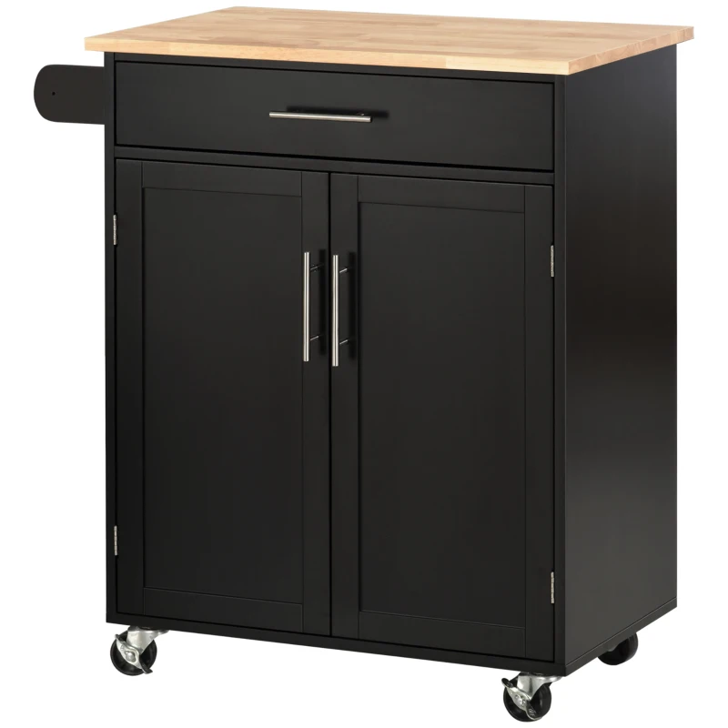 HOMCOM Carrello da Cucina con Cassetto e Armadietto 2 Ante, Ruote e Barra Laterale, 83x45x91.5cm, Nero