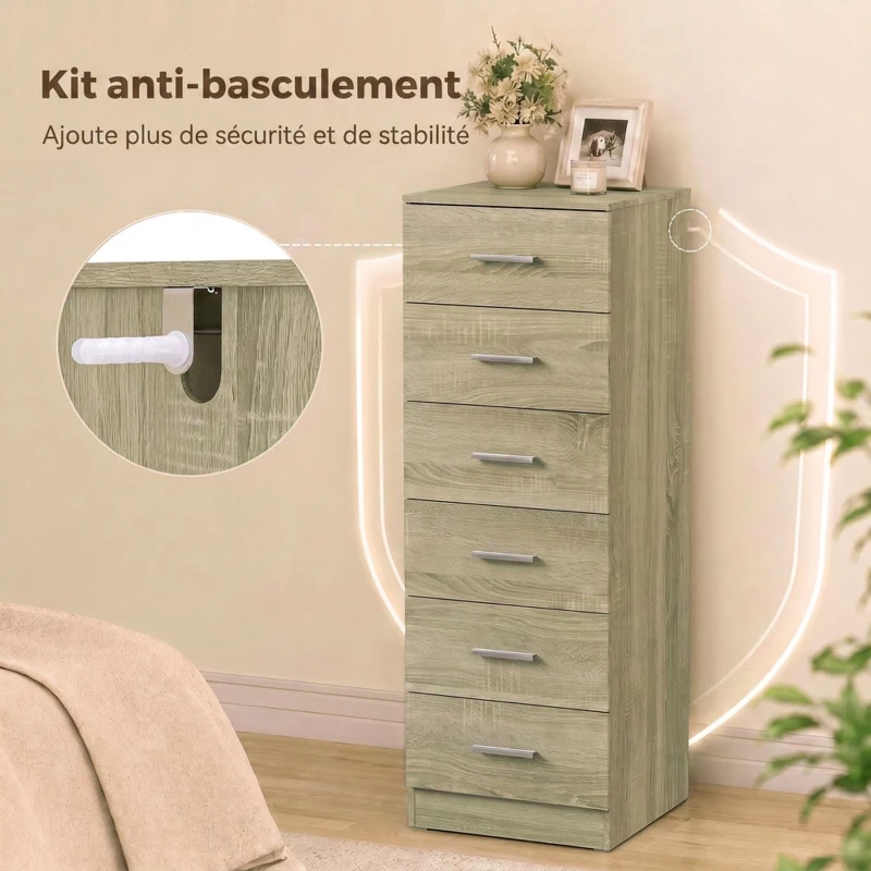 HOMCOM Commode 6 Tiroirs, Meuble de Rangement, Style Moderne, pour Chambre à Coucher, Entrée, Couloir, 40x40x110cm, Chêne