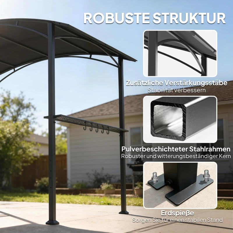 Outsunny Grillpavillon 2,4 x 1,5 m flammhemmend Gartenpavillon mit Bogendach Seitenregale Haken Dunkelgrau