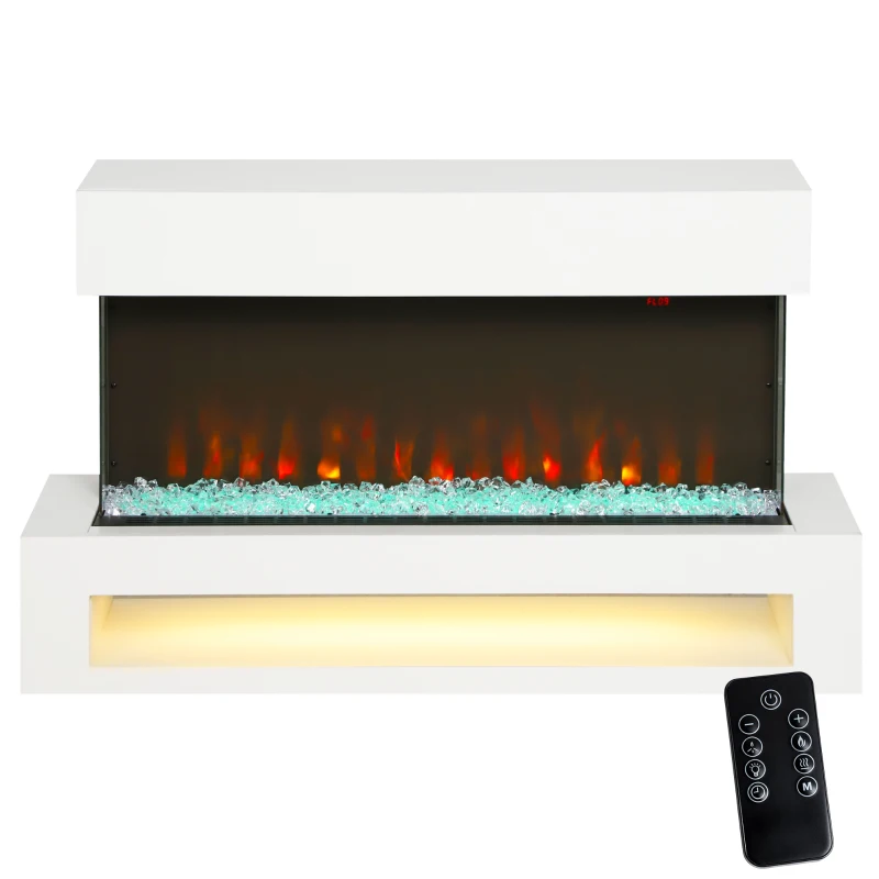 HOMCOM Elektro-Kamin mit 11 Flammenfarben, 10 Kristallbett-Farben, 1000W/2000W, Fernbedienung, vielseitig einsetzbar, Weiß