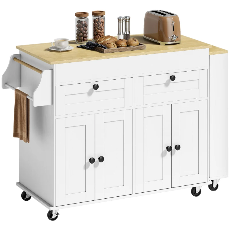 HOMCOM îlot central cuisine avec plateau extensible, desserte de cuisine sur roulettes avec 2 tiroirs, 4 portes, blanc