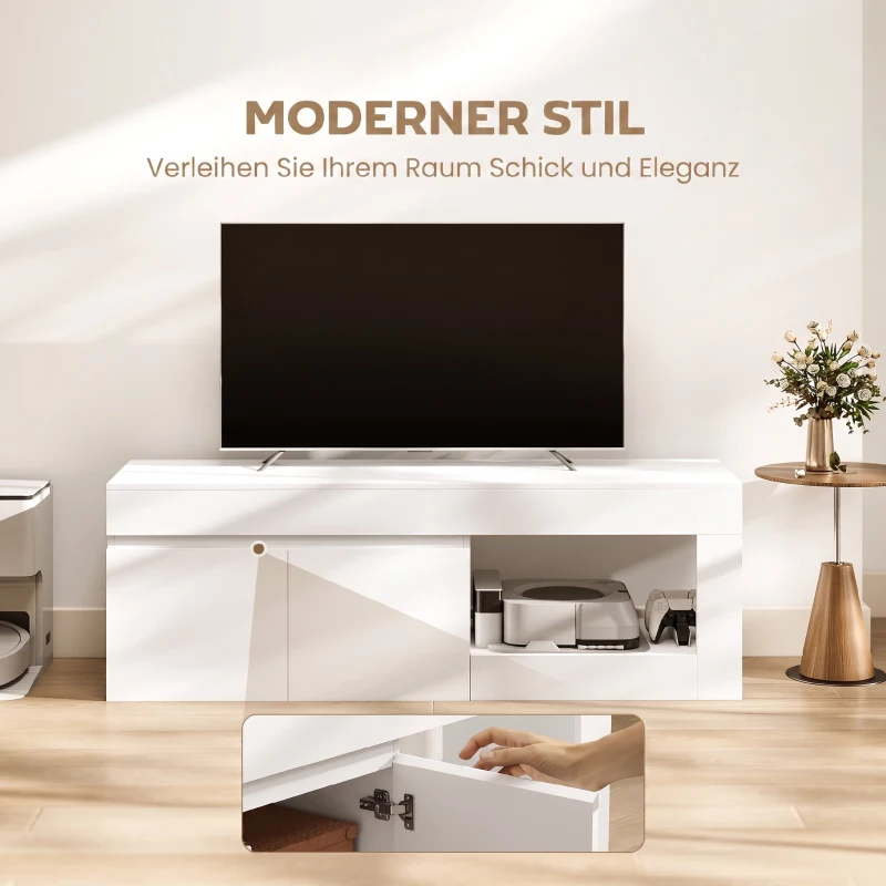 HOMCOM Modernes TV-Lowboard fürs Wohnzimmer mit 2 Türen, offenem Fach und Griffen, für TVs bis 60 Zoll, 140 x 40 x 48 cm, Weiß