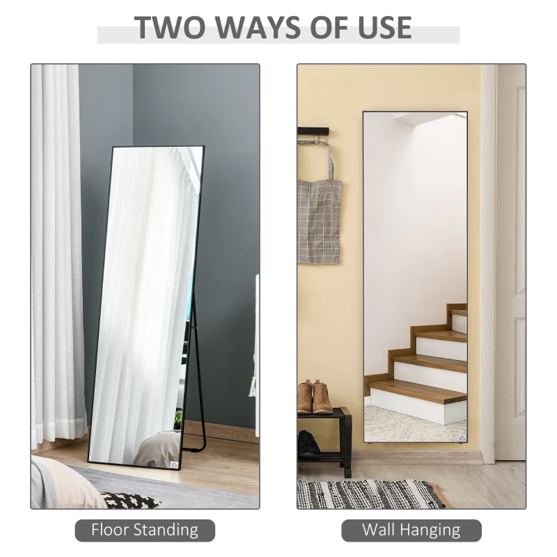 HOMCOM Full Length Mirror, Aluminium Alloy Framed Full Body Mirror with Shatterproof Layer, Standing or Wall Hanging, Black
