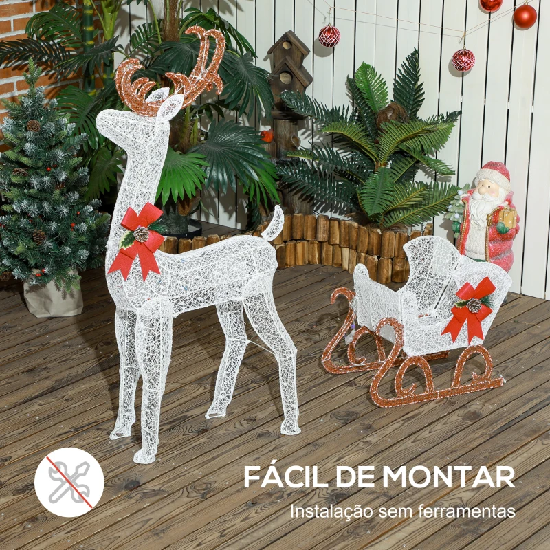 Outsunny Rena com Trenó Luminoso Decoração de Natal com 170 LED Branco Quente Iluminação Natalícia 50x29x42 cm Multicor