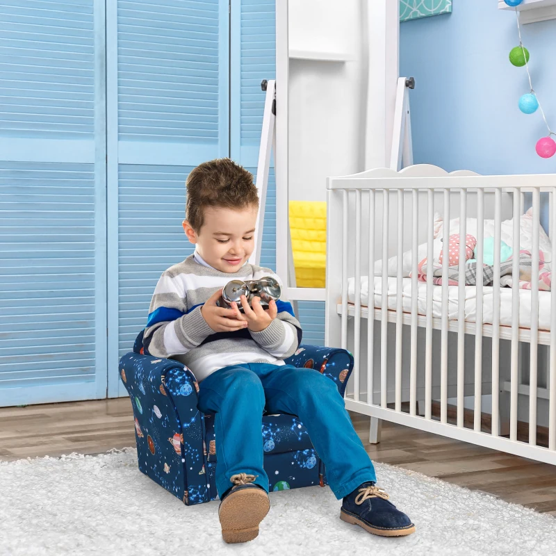 HOMCOM Kids Planet-Themed Armchair, with Non-Slip Feet, Wooden Frame - Blue