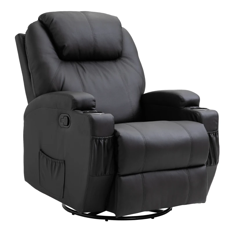HOMCOM Fauteuil de massage inclinable, bascule et pivotant à 360°, fauteuil de relaxation, dossier et repose-pieds réglable manuellement, télécommande, porte-gobelets et poches latérales, noir